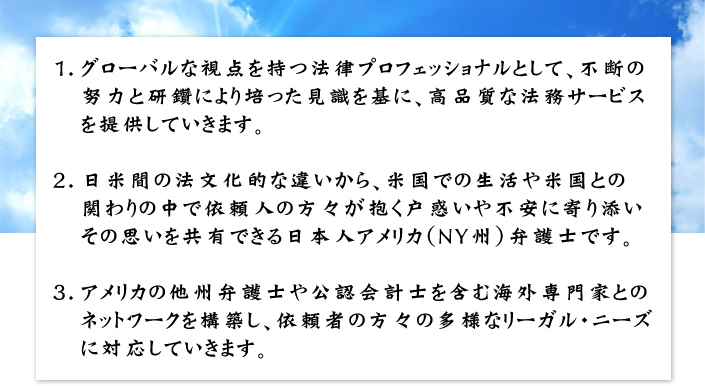 グローバルな視点を持つ法律プロフェッショナルとして、高品質な法務サービスを提供していきます。<br /> 依頼人の方々が抱く戸惑いや不安に寄り添いその思いを共有できる日本人アメリカ（ＮＹ州）弁護士です。<br /> アメリカの他州弁護士や公認会計士を含む海外専門家とのネットワークを構築し、依頼者の方々の多様なリーガル・ニーズに対応していきます