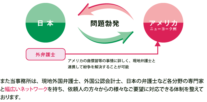 外弁護士:アメリカの商慣習等の事情に詳しく、現地弁護士と連携して紛争を解決することが可能